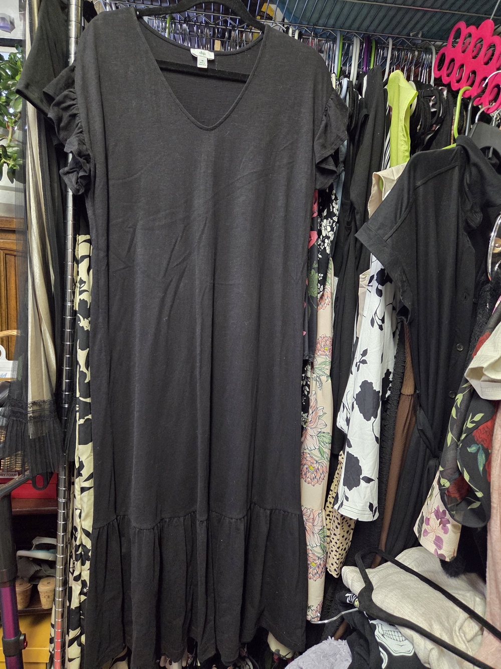 dip Black V-Neck Ruffle Sleeve Maxi Tunic Dress